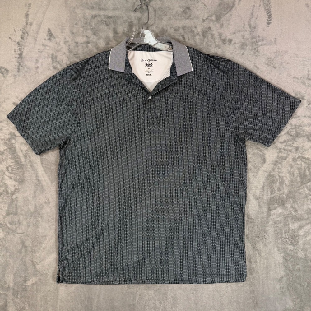 Hickey Freeman Golf Geometric Floral Polo Shirt Men's XXL Blue Sea Green Stretch